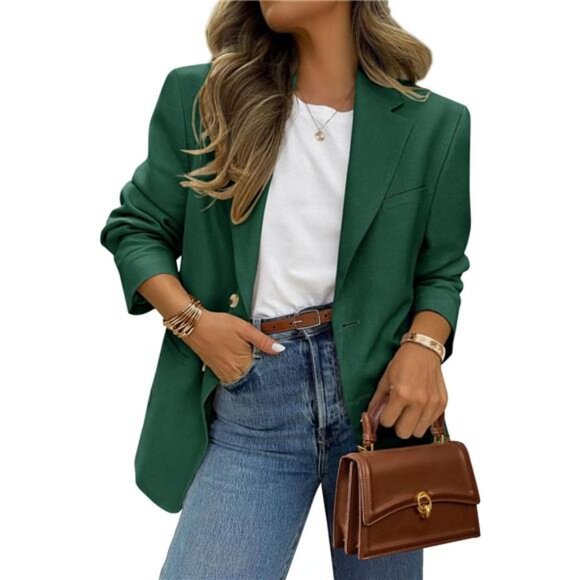 Women Long Sleeve Lapel Open Front Suit Jacket Green - Picture 1 of 5